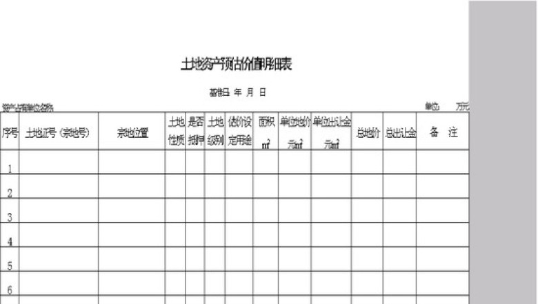 土地资产预估价值明细表