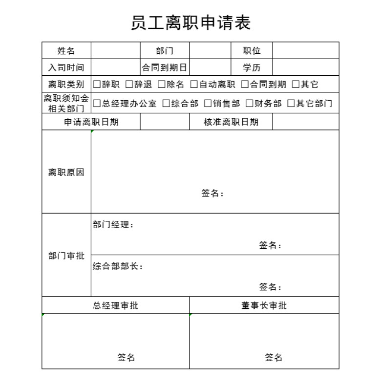 员工离职申请表