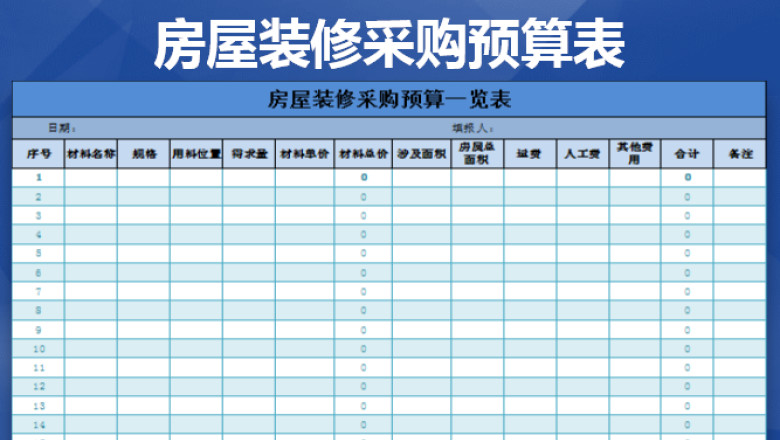 房屋装修采购预算一览表  明细表  财务