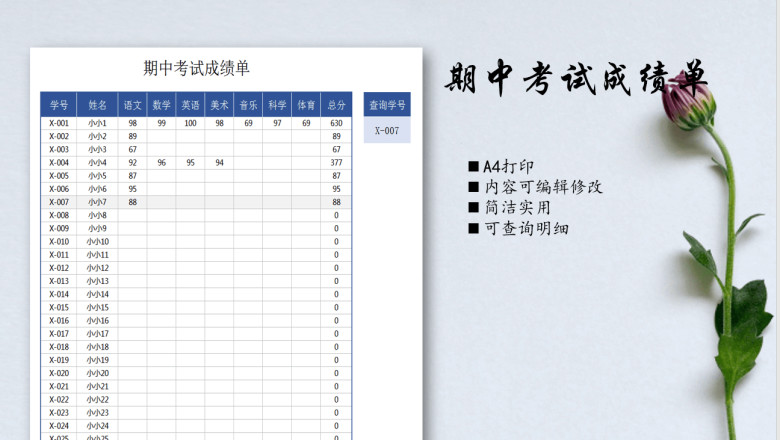 期中考试成绩单（学号查询成绩）