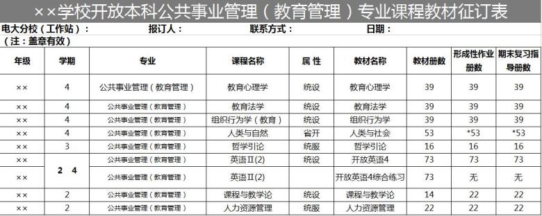 学校开放本科公共事业管理（教育管理）专业课程教材征订表