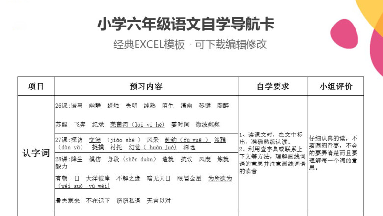 小学六年级语文自学导航卡