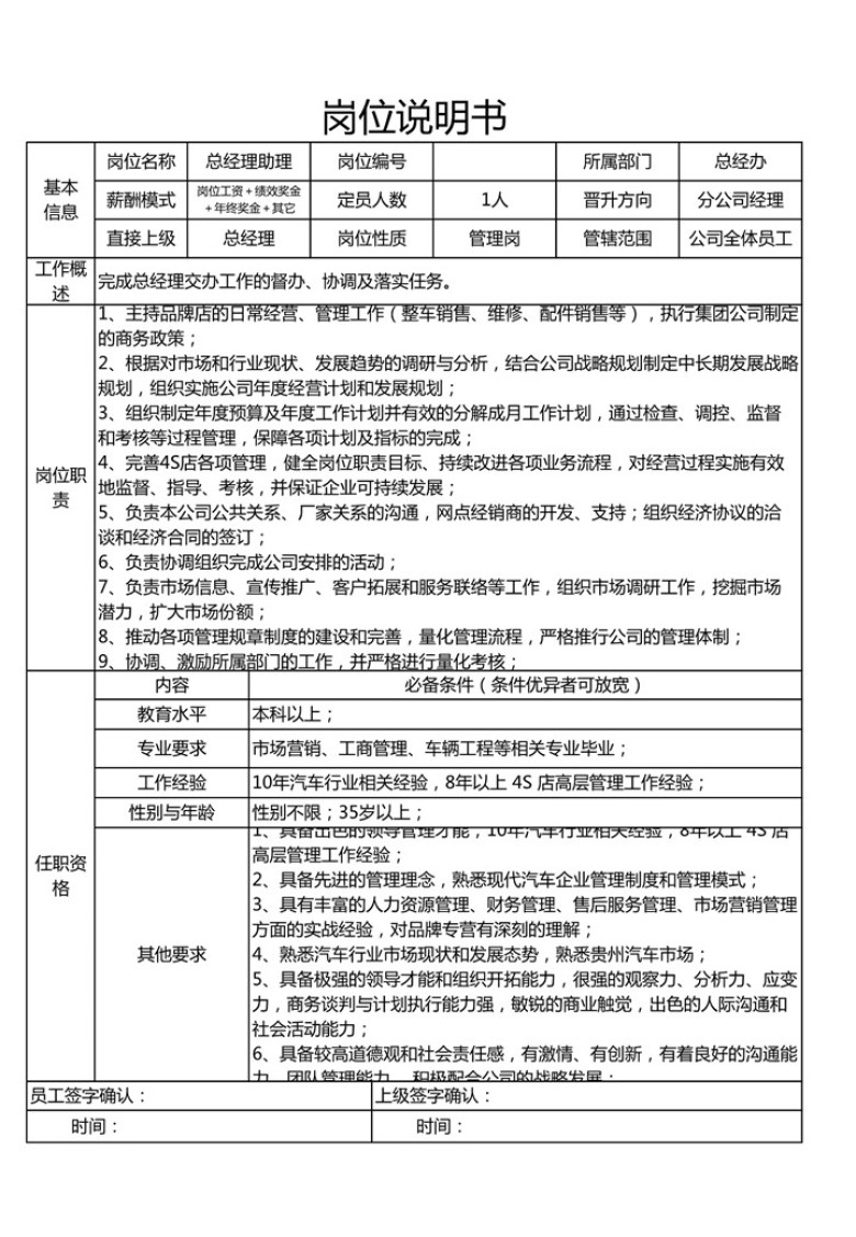 总经理岗位说明模板