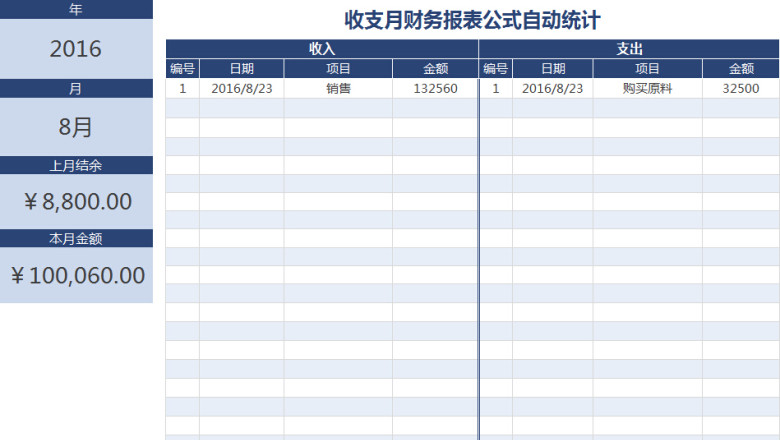 收支月财务报表公式自动统计