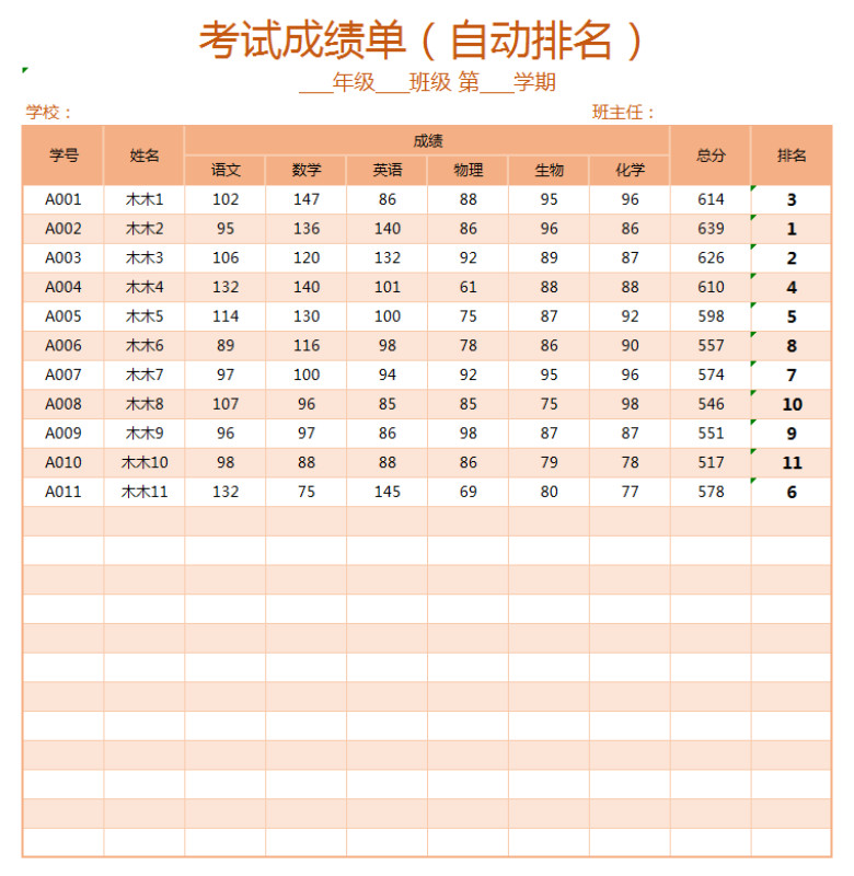 考试成绩单-自动排名