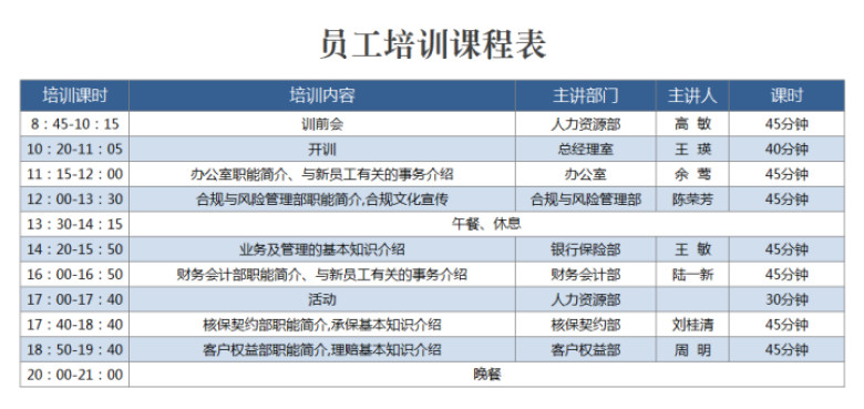 员工培训课程表