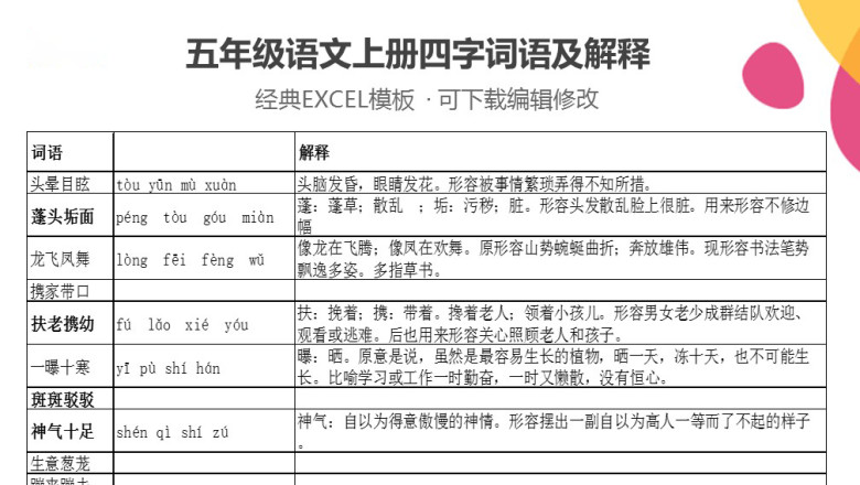 五年级语文四字词语及解释