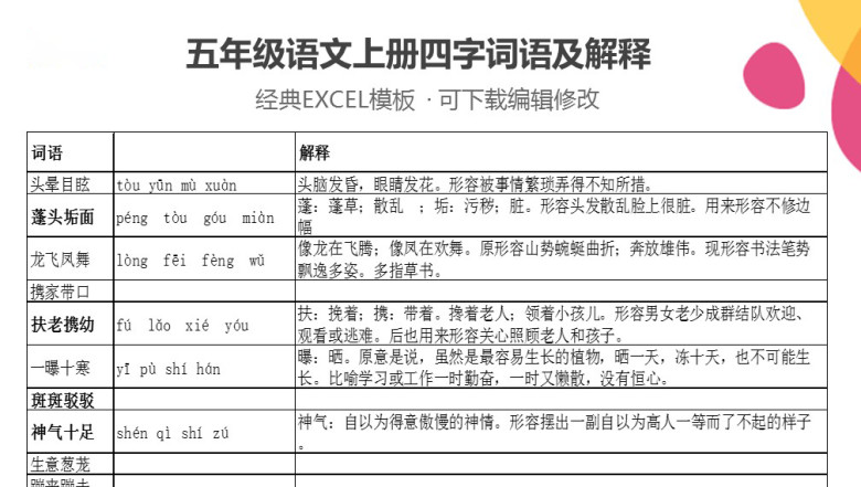 五年级语文四字词语及解释