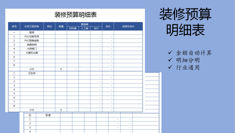装修预算明细表（金额自动计算）
