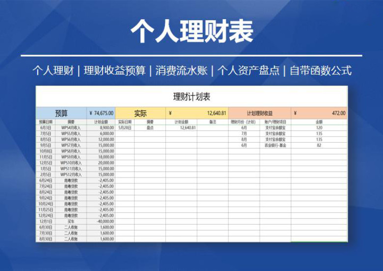 个人理财表（资产盘点+理财+流水账）