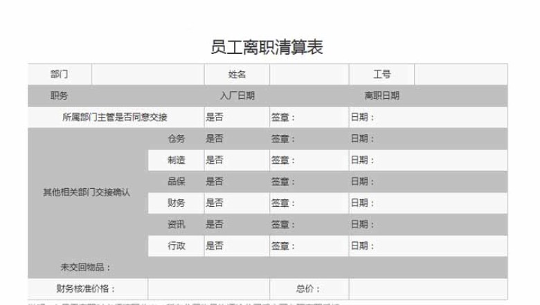 员工离职清算表