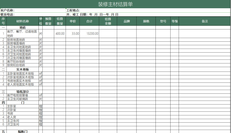 家装预算表-含公式