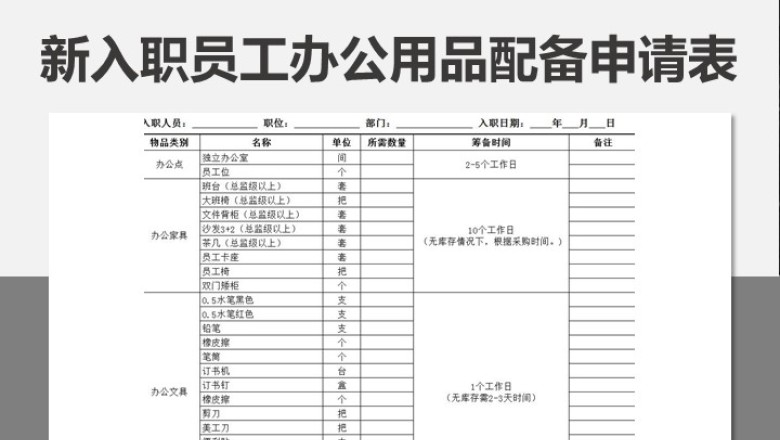 新入职人员办公用品配备申请单