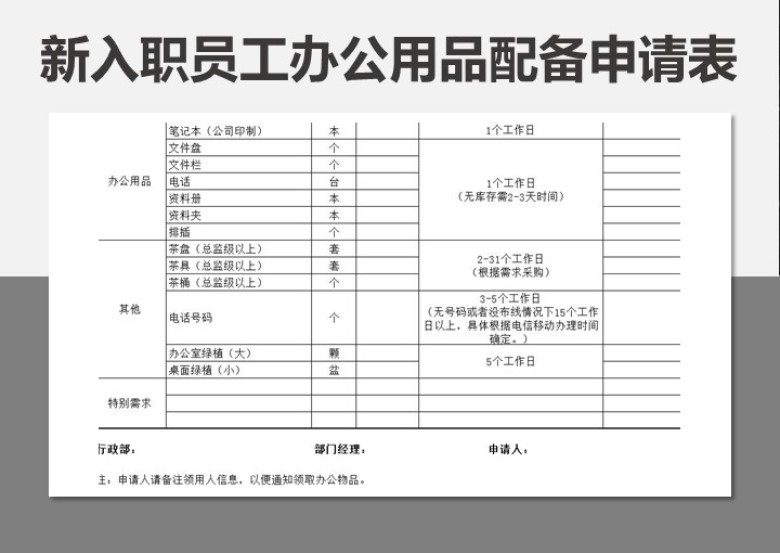 新入职人员办公用品配备申请单