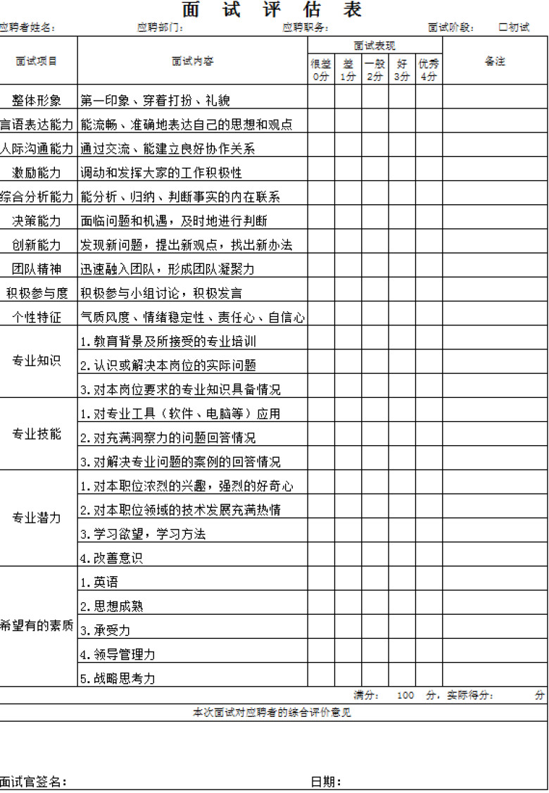 面试评估表