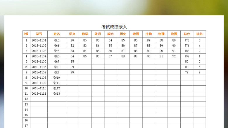 中小学学生考试成绩单(单次考试多科目)