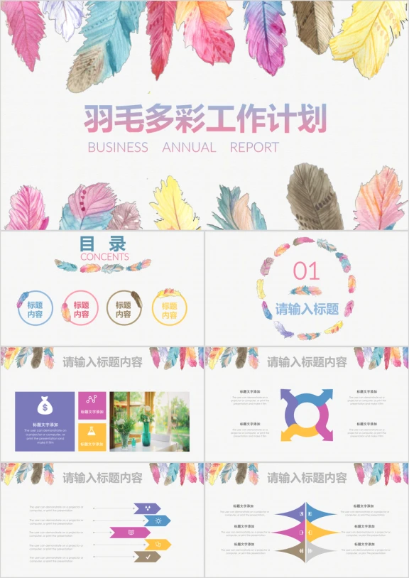 羽毛多彩文艺清新工作总结汇报通用ppt