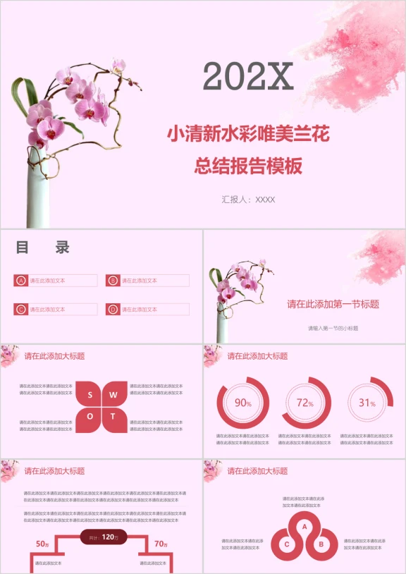 小清新水彩唯美兰花总结报告模板ppt