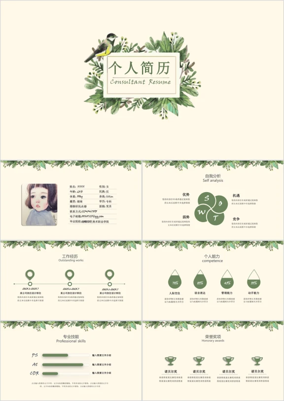 创意手绘花鸟个人应聘简历ppt模板