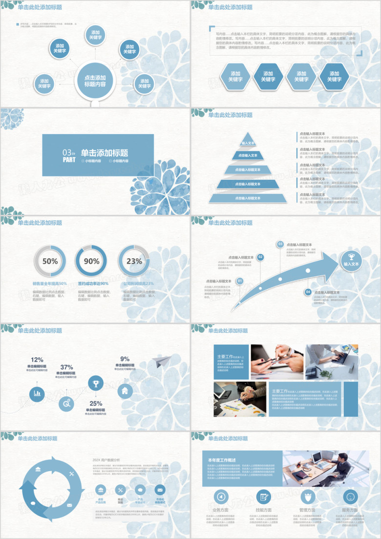 蓝色简约水彩花卉商务工作通用ppt