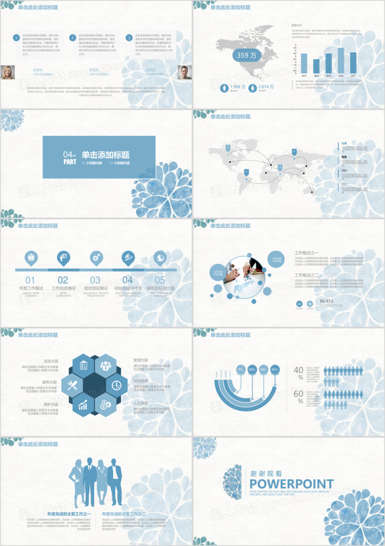 蓝色简约水彩花卉商务工作通用ppt