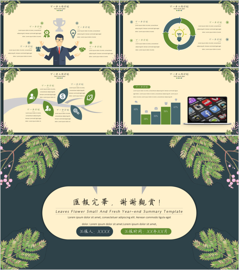 树叶花朵小清新年终总结汇报模板ppt