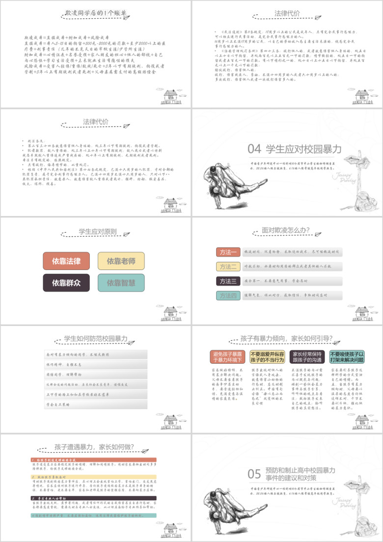 卡通手绘平安校园反对校园欺凌主题班会ppt