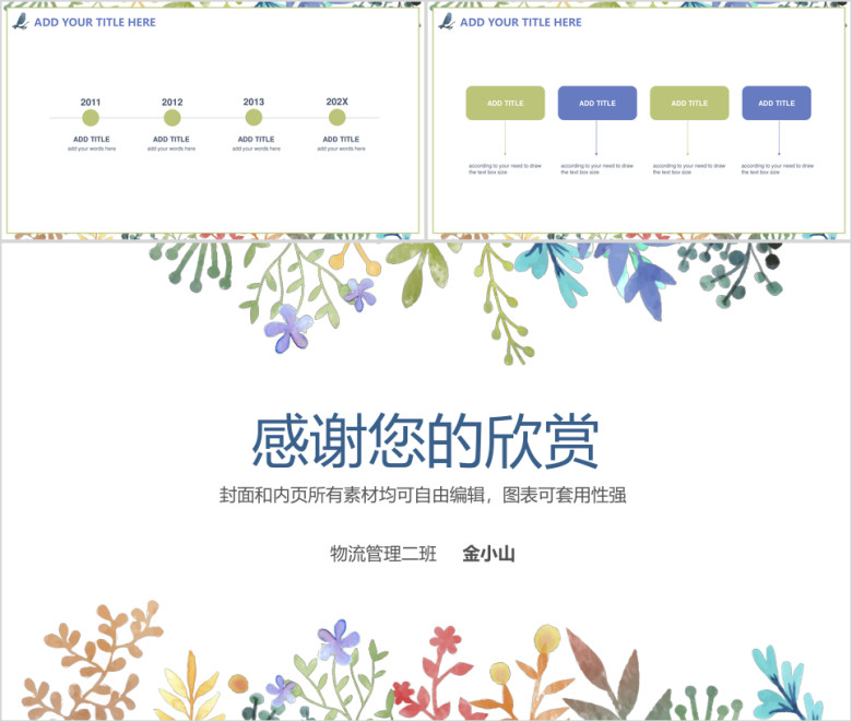 清新简约花卉毕业论文答辩ppt模板