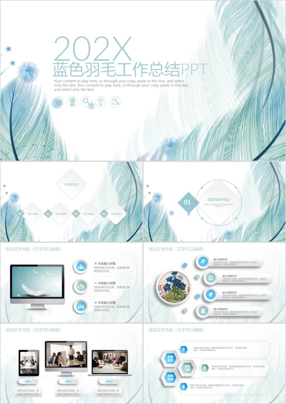 蓝色羽毛时尚商务新年工作计划ppt
