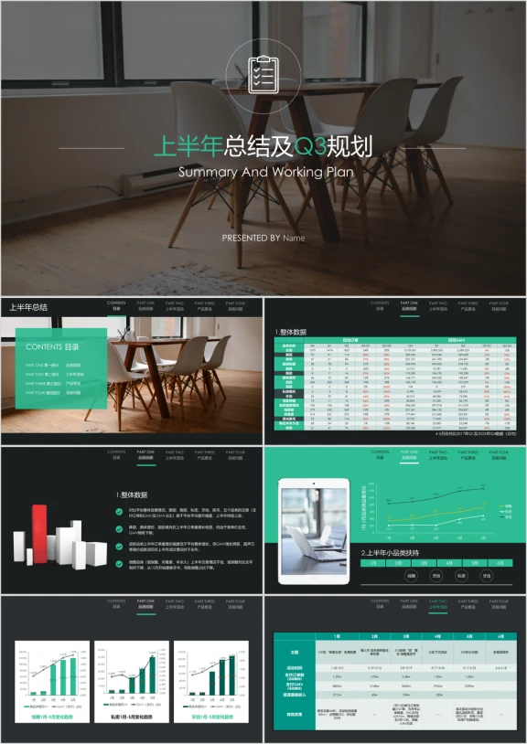 商务简约绿色工作总结工作计划带图表ppt