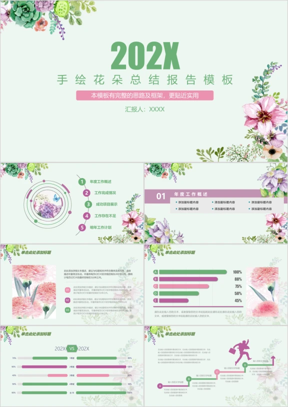 文艺手绘花朵简约清新总结汇报动态ppt