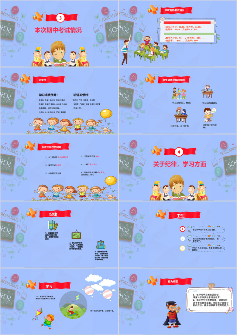 蓝色卡通小学生家长会模板ppt